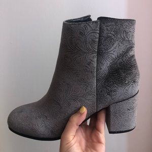 gray velvet heeled booties